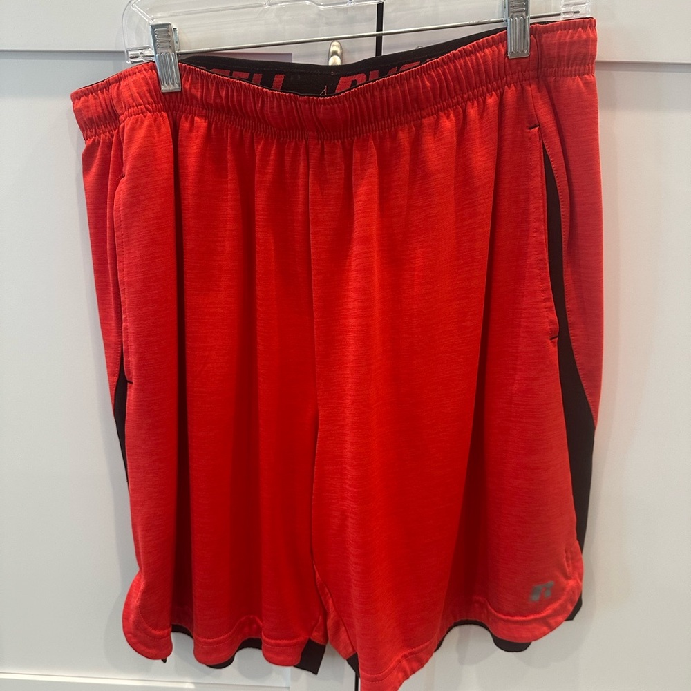Russell Athletic Red Athletic Shorts with Black Waistband and Breathable Fabric